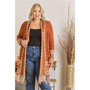 ✨NWT ADORA Full Size Fringe Hem Aztec Border Cardigan Plus Size‎